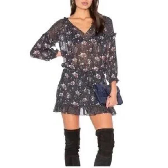 Ulla Johnson Dakota Silk Drawstring Waist Long Sleeve Floral Navy Dress Size 0 - Picture 15 of 16